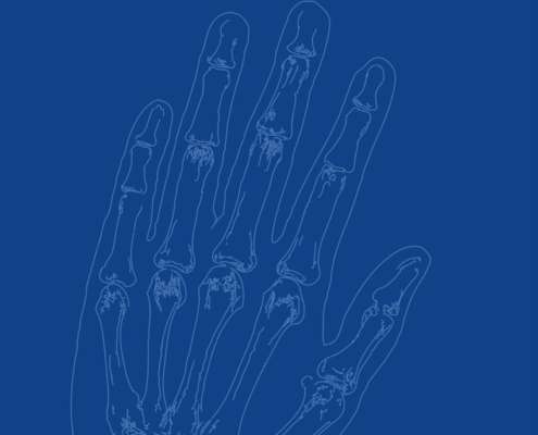 Cover promotion - blue background white line art of a hand